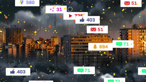 Social Media Icons Overlay Modern Cityscape Digital Connection