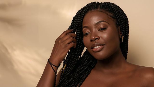 Confident black woman with long box braids and gold bead accents, neutral studio portrait