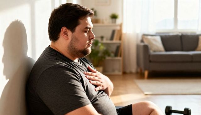 Stocky man sitting against wall in sunlit living room practicing deep breathing after workout