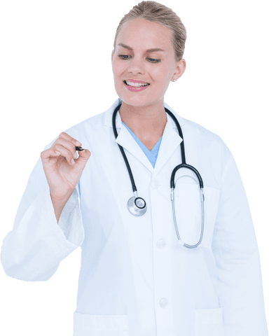 Transparent smile: female doctor writing in the air