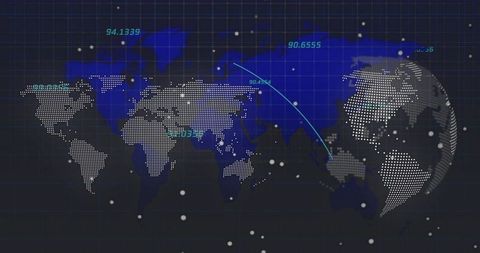 Dotted world map and glowing 3D globe showing blue trajectory for global data visualization