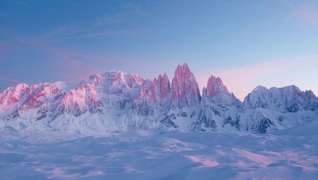 Majestic mountain peaks at sunrise over white snowfield