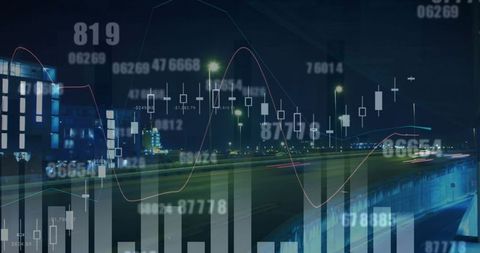 Night highway with digital financial overlay charts