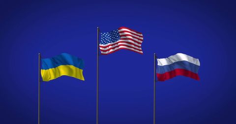 Flags of Ukraine, USA, and Russia Waving Against Blue Background - Download Free Stock Images Pikwizard.com
