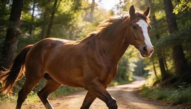 Chestnut horse trotting across sunlit forest trail with white blaze and flowing mane