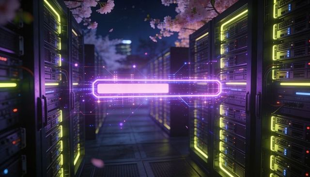 Neon holographic progress bar connecting server racks in futuristic night datacenter