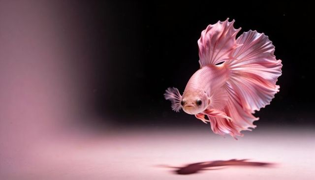 Pale pink betta fish swimming with flowing fins on dark gradient background