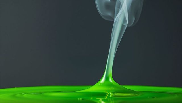 Rising neon green liquid column forming gray vapor plume over reflective rippled surface