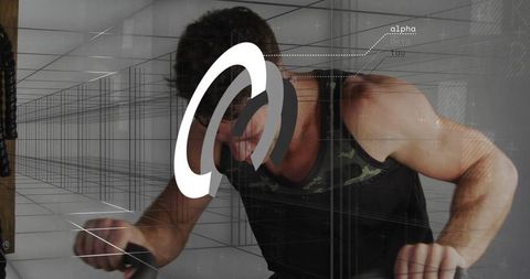 Lean male athlete gripping handles, training intensely with graphic logo and grid overlay
