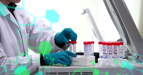 Scientist analyzing samples in lab with digital overlay illustration