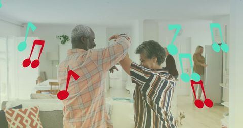 Seniors Joyfully Dancing at Home with Musical Notes Overlay