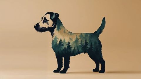 Terrier Silhouette with Misty Pine Forest Inside