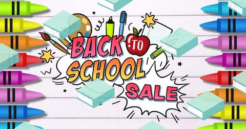 this illustration showcases a vibrant design featuring crayons and various school-related items around the text 'back to school sale'. perfect for promoting school shopping events, marketing campaigns for educational supplies, and digital advertisements targeting parents and students looking for savings on school essentials.