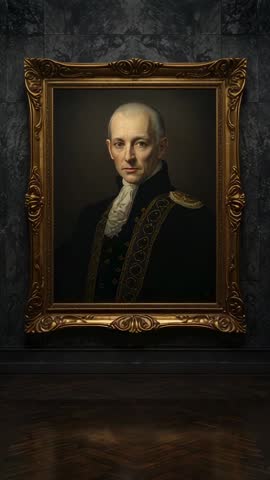 Vertical museum camera zooming up ornate gold frame and classical portrait