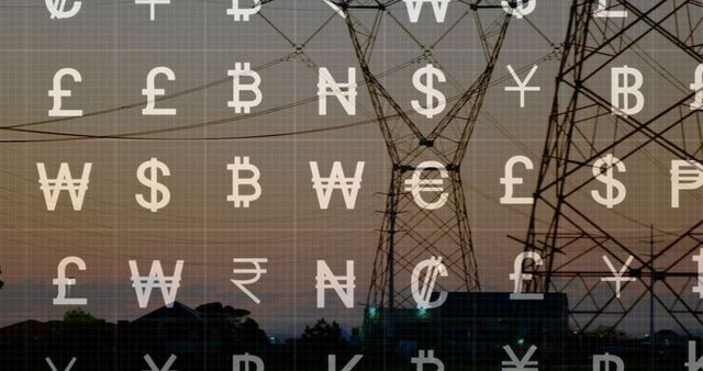 Electrical towers and currency symbols at dusk symbolizing global economy
