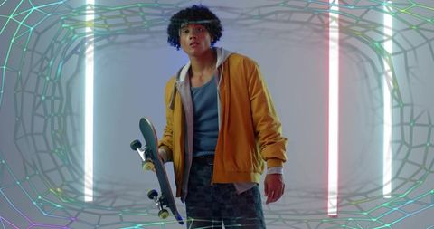 Futuristic Urban Skateboarder with Neon Lighting and Wireframe Design