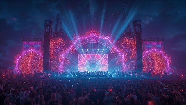 Neon LED Patterns Illuminate Festival Stage With Captivated Audience