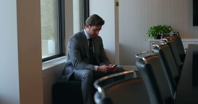 Businessman in formal suit sitting alone in a well-lit conference room, checking or working on smartphone. Perfect image for concepts related to professional communication, business, corporate work, and modern office settings. Suitable for websites, marketing materials, articles on business productivity, remote work, and executive lide.