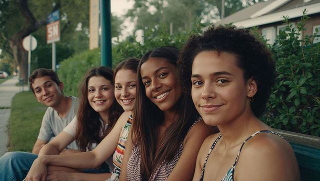 Diverse group of friends relaxing on a bench in residential area