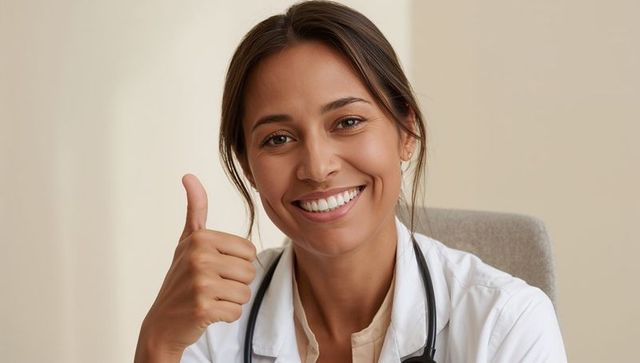 Smiling female physician giving thumbs-up with stethoscope in minimalist beige clinic