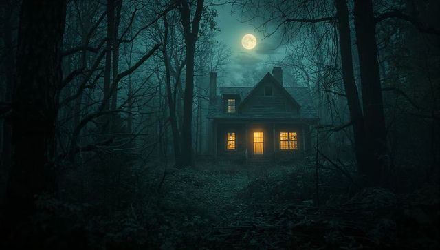 Warmly Lit Cabin Under Full Moon Amidst Eerie Forest
