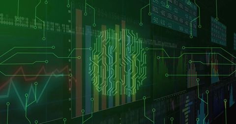 Futuristic Brain Interface with Data Panels and Digital Charts