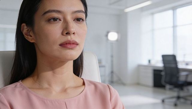 Calm asian professional woman gazing thoughtfully in bright minimalist office headshot