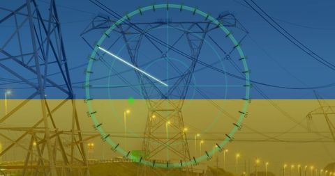 Digital radar overlay on ukraine flag with electricity poles