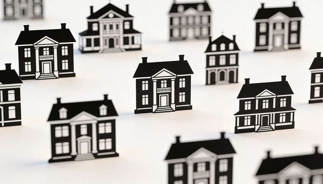 Monochrome paper house cutouts representing real estate market and neighborhood concept