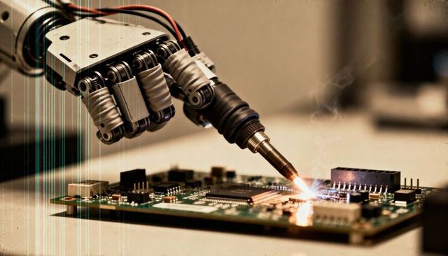 Robotic Soldering Arm Performing Precision PCB Rework with Spark and Molten Solder