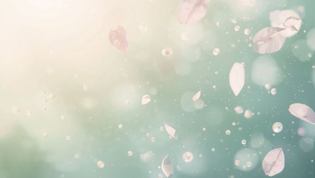 Ethereal pastel cherry blossom petals drifting through soft bokeh light and dew droplets