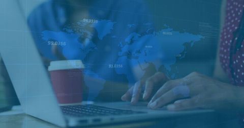 Data Analyst Working at Laptop with Global Technology Overlay