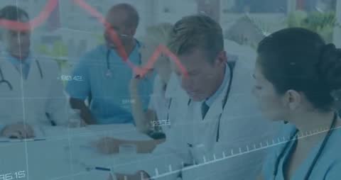 Medical Team Analyzing Data with Red Graph Overlay in Hospital
