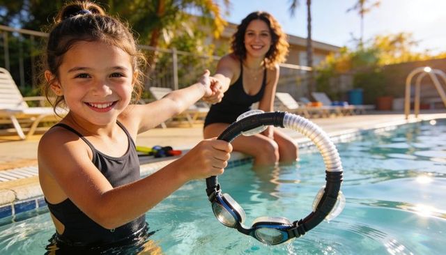 Smiling girl holding swim goggles while mother holds hand at sunlit backyard pool
