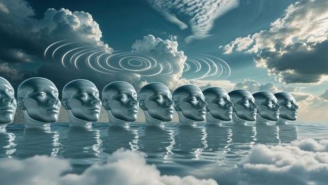 Futuristic metallic heads emerge through surreal waterscape, talking heads concept
