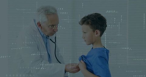 Pediatric doctor listening to boy's heart with stethoscope