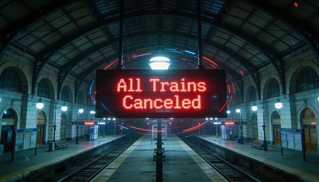 Vaulted train station showing all trains canceled led sign, empty platforms and glowing neon rings
