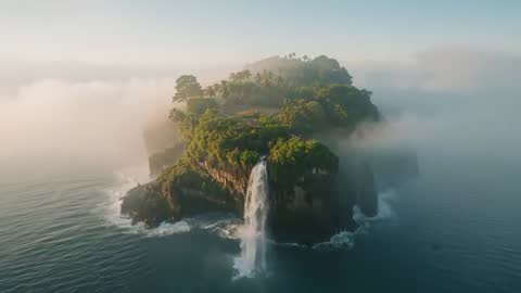 Drone filming tropical island emerging from mist with waterfall cascading into ocean