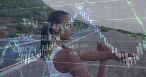 Asian woman stretching on coastal road with stock market candlestick overlay, fitness analytics conc