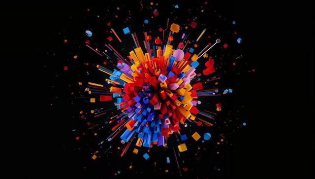 Explosive multicolored abstract forming in black space