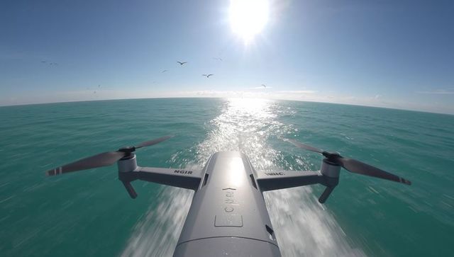 Low-altitude drone flying over turquoise ocean with sun glare, seabirds and motion trail