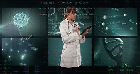 Caucasian female doctor analyzing digital health data interfaces