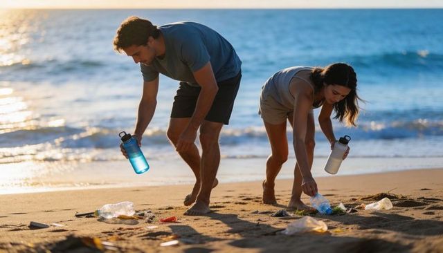 Young couple cleaning beach at golden hour picking up plastic litter with reusable bottles