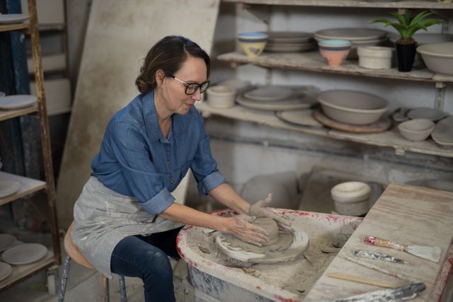 Female potter molding a clay in pottery workshop