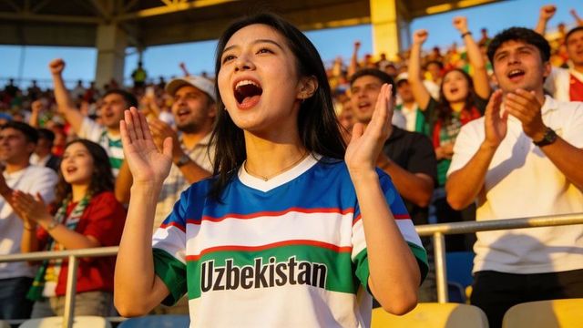 Young asian woman cheering in uzbekistan jersey in packed stadium crowd celebrating pride
