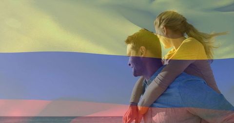 Couple enjoying piggyback at beach with yellow-blue-red flag overlay, seaside romance