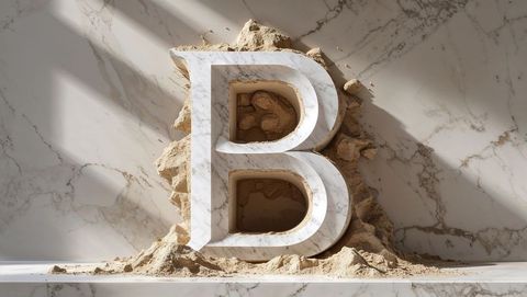 Marble letter b on sand dune architectural display