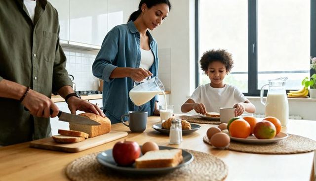 Family breakfast routine in bright modern kitchen with parent pouring milk and slicing bread