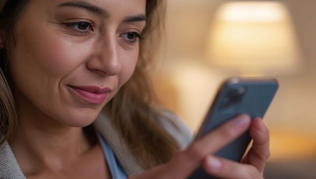 Smiling young woman holding smartphone and scrolling in cozy lamp-lit living room