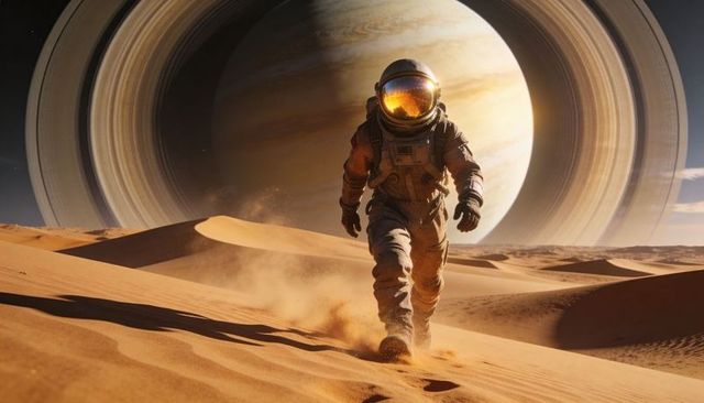Striding suited astronaut crossing orange dunes with golden visor and ringed gas giant